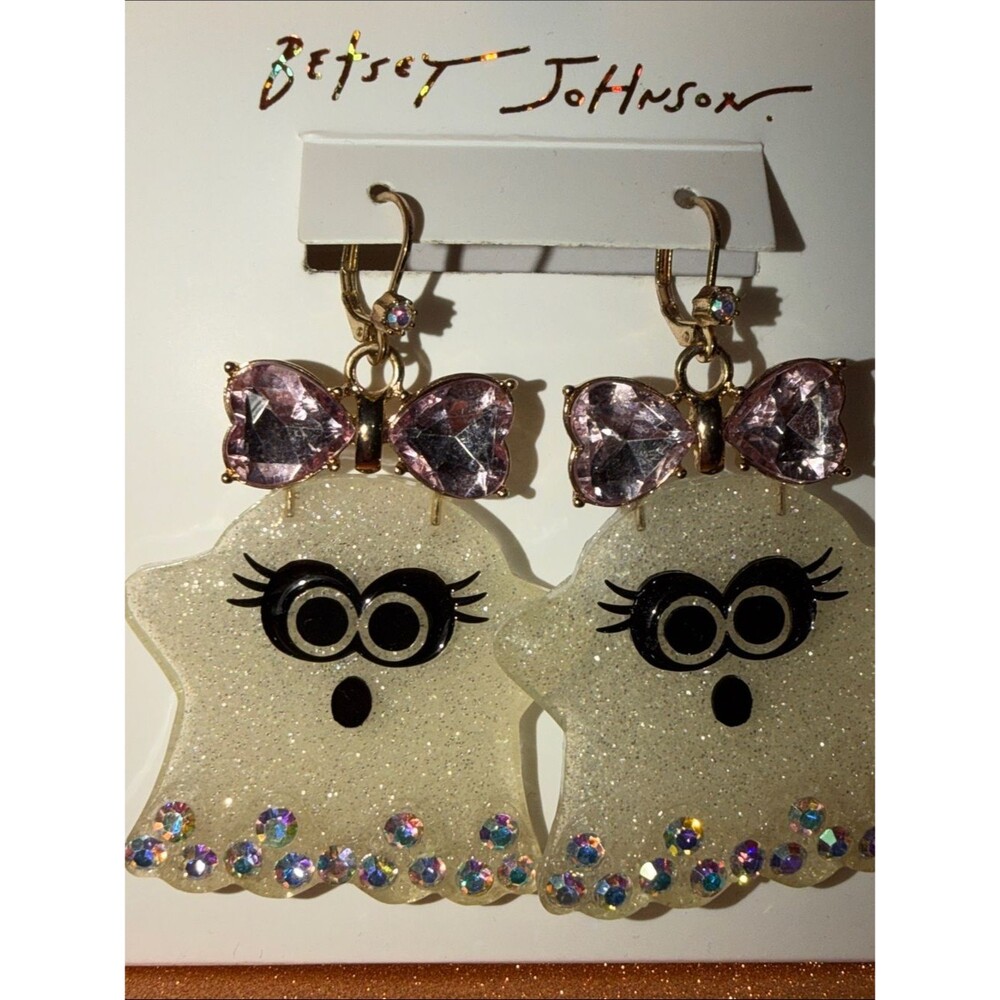 NWT Betsey Johnson Glitter Ghost with Pink Crystal Bows earrings. In gift box. - Picture 2 of 6